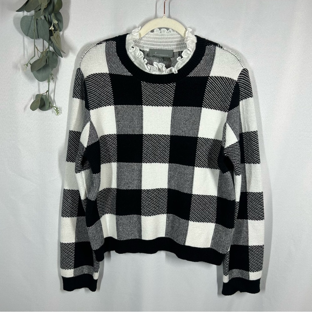 Anthropologie | Plaid Ruffle Collar Pullover Sweater Black White Women’s Size L - Picture 5 of 14